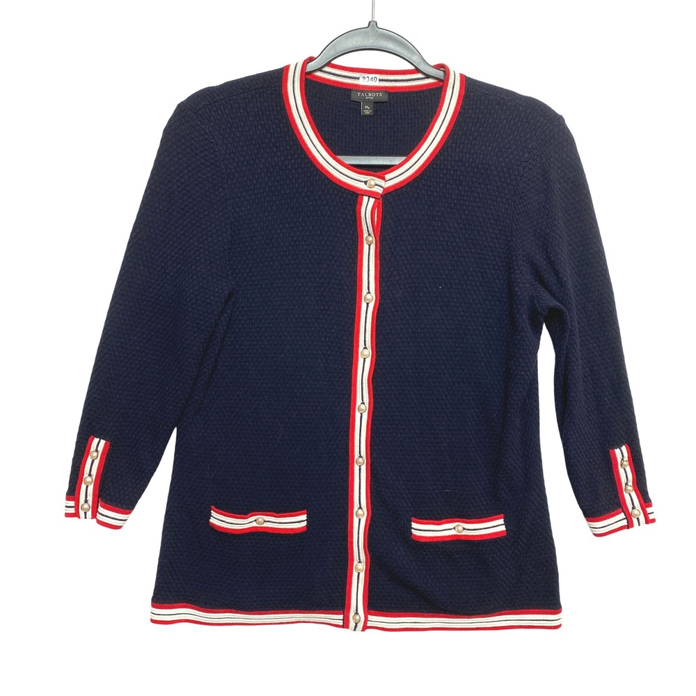 Talbots Knit Cardigan Womens Medium Petites Navy Red White Pearl Buttons